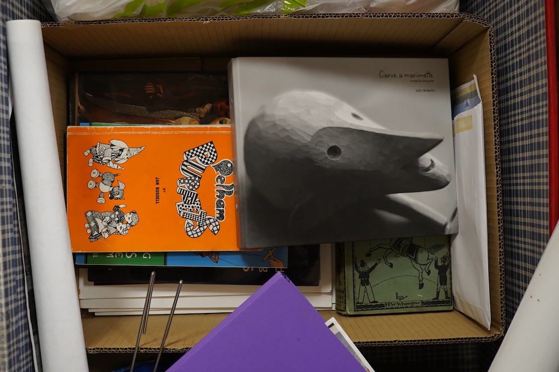 A Pelham Puppet related collection, including four boxed puppets; an Ostrich, a Type SS Clown, a Dutch Girl, a Girl, an oriental lady in a related box, a Junior Pelham Ostrich, together with a number of other marionettes